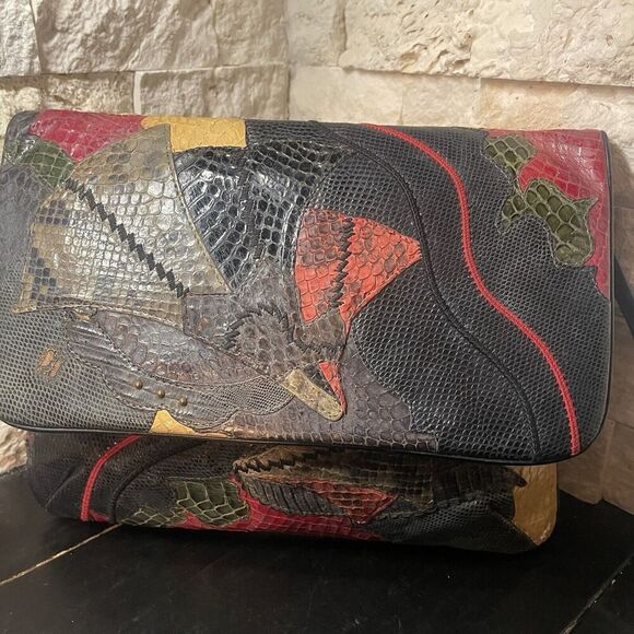 Carlo Fiori Mixed Exotic Leather Fold Over Clutch Shoulder Handbag Purse - Picture 2 of 12